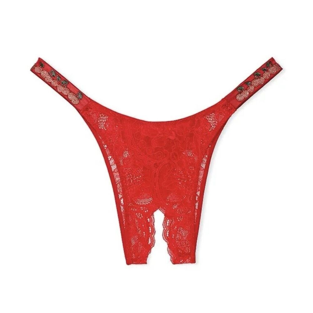 NWT Victoria's Secret Crotchless Shine Strap Lace Brazilian Sz L Cherry Red Lace